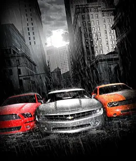 Cars Prints: Dodge, 2006 Chevrolet Camaro Concept silver Challanger Concept orange black stripes 2007 Ford Shelby Mustang GT500 GT