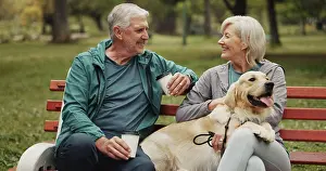 Retired Prints: Dog, park and old couple on bench
