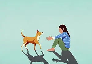 Full Length Prints: Dog walking toward woman with arms outstretched