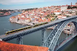 Rail Prints: The Dom Luis 1 Bridge over the River Douro showing Porto Metro light rail in transit and Arrabida Bridge in background