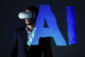 Innovation Prints: Double exposure businessman with virtual reality simulator glasses against AI text