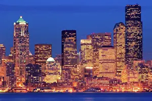 Pacific Northwest Prints: Downtown Seattle, Washington city skyline at dusk