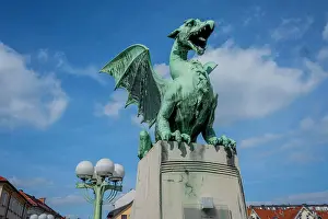 2023 Prints: Dragon statues on the Dragon Bridge over the Ljubljanica River in old Ljubljana, Slovenia