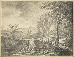 Chalk Prints: Drawing by Jan Both of a tree-rich mountain landscape with travelers