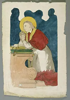 Catholique Prints: Drawing of stained glass: Holy Agenouille in front of a Pray-Dieu Prosper Lafaye (1806-1883)