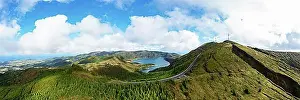 Aerial Photo Prints: Drone shot, mountain road to the summit of Pico da Barrosa and view to the crater lake Lagoa do Fogo