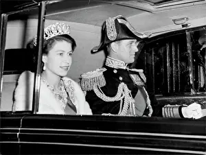 Her Majesty Prints: Duke Wears His Admiral's Cocked Hat - Drive From Palace With Queen The Queen and the Duke of Edinburgh
