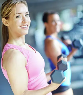 Builder Prints: Dumbbells, fitness and woman in gym for workout