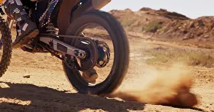 Motorbike Prints: Dust, sand and motorbike wheel for sports with power speed of training