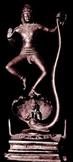 Hindu Prints: Early 10th Century Indian bronze statue depicting the Hindu god Krishna dancing on the serpent Kaliyah