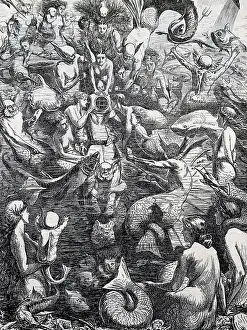 Cartoon Prints: early 20h century cartoon showing a diver in a diving suit dragged down by mythical sea spirits and creatures