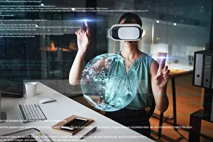 Global Prints: Earth overlay, global network or woman in virtual reality or vr for a 3d experience in office at night