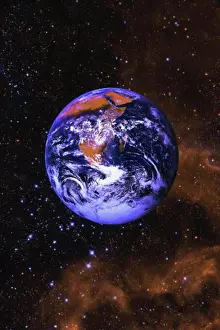 System Prints: Earth in space with gaseous nebula and clouds