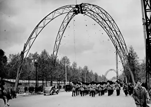 Coronation Prints: The East Coronation Arch Goes Into Position In The Mall -- The band of the Welsh Guards