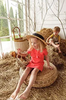 Bunny Prints: Easter kids playing with rabbits and ducks