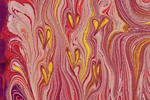 Greeting Prints: Ebru marbling background with heart shape. Unique art Liquid