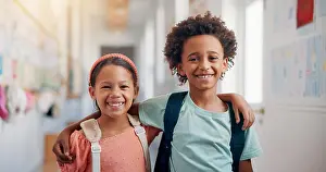 Hallway Prints: Education, hug and portrait with friends in school together for bonding