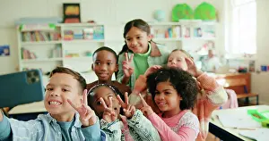 Selfie Prints: Education, peace sign and selfie with children in class together for learning or memories