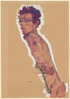 Realism Prints: Egon Schiele depicted a nude self-portrait using black chalk