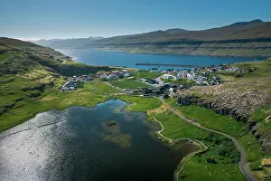 Aerial Photo Prints: Eidi village on Eysturoy in the Faroe Islands in sunshine on the day from above