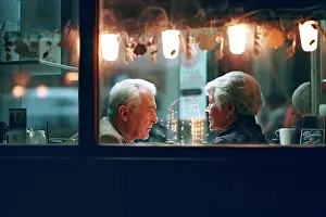 Relaxed Prints: An Elderly Couple's Coffee Date at a Neon-lit Bar. Generative AI