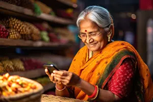 Elder Prints: Elderly Indian woman using smart phone. Generative AI