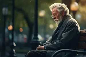 Pensive Prints: Elderly Man Sitting Alone on a Park Bench Lonely Sad AI Generated