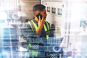 Problem Solving Prints: Electrician, engineering and phone call with technology hologram in a control room for maintenance