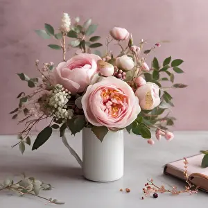 Pink Prints: Elegant pink rose and peony bouquet arrangement in white ceramic vase with greenery accents