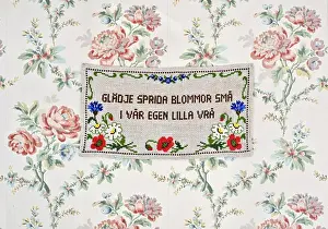 Swedish Prints: Embroidered message on a wall hanging, Sweden