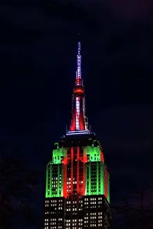 Glowing Prints: Empire State Building In Christmas Colours; New York City