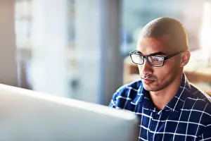 Search Prints: Employee, man and computer in office for internet search