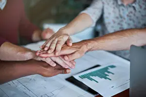 Global Prints: Employees, hands and pile for teamwork on desk