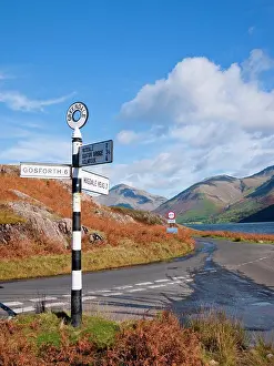 Hills Prints: England, Cumbria, Greendale. Signpost at a road junction by Wastwater