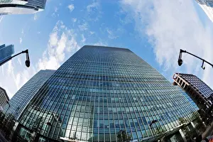 Financial Prints: England, London, Canary Wharf. Fisheye view of skyscraper buildings at Canary Wharf in London's Docklands