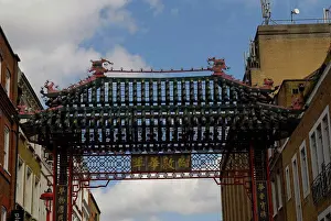 Marker Prints: England, London, Chinatown. Close-up of an entrance gate or paifang to Chinatown in London