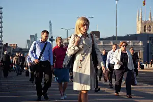 Financial Prints: England, London, Early morning commuters crossing London Bridge towards the City Financial district