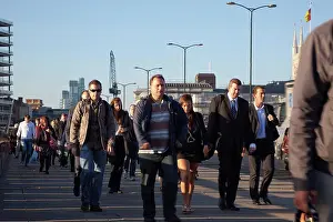 Financial Prints: England, London, Early morning commuters crossing London Bridge towards the City Financial district