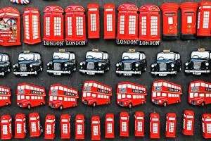 Taxi Prints: England, London, Souvenir Shop Display of Fridge Magnets depicting Iconic Transport and Telephone Boxes