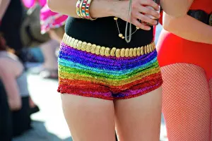 Diverse Prints: England, London, Trafalgar Square. A woman wearing rainbow hot pants Gay Pride 2010