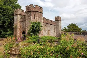 Somerset Prints: England, Somerset, Dunster. The 14th-century Great Gatehouse at Dunster Castle