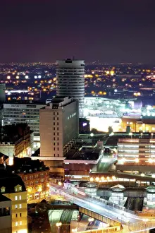 Cities Prints: England, West Midlands, Birmingham. Birmingham city centre skyline at night
