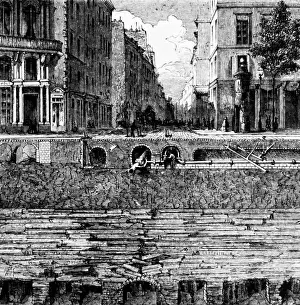 Street Prints: Engraving of a cross-section of a Paris street showing location of public services