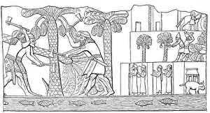 Cutting Prints: Engraving depicting an Assyrian bas relief of Assyrians cutting down the date palms in a conquered city