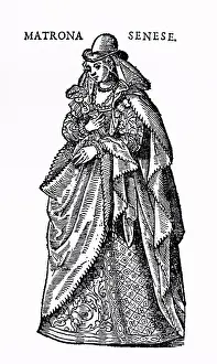Textile Prints: Engraving depicting the costume of a Sienese Matron by Cesare Vecellio (1530-1601)