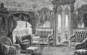Depicting Prints: Engraving depicting a drawing room car on an American train. Dated 19th century
