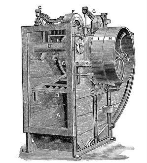 Textile Prints: Engraving depicting a felting; fulling; or milling machine. Dated 19th Century