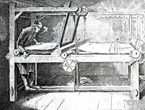 Textile Prints: An engraving depicting a hand loom weaver about to throw the shuttle