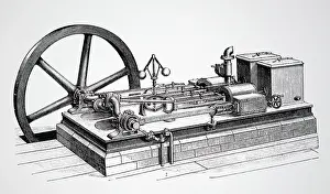 Depicting Prints: Engraving depicting a horizontal steam engine showing the governor and flywheel