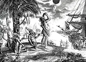 Indians Prints: An engraving depicting Indians astonished at the eclipse of the Moon as foretold by Christopher Columbus